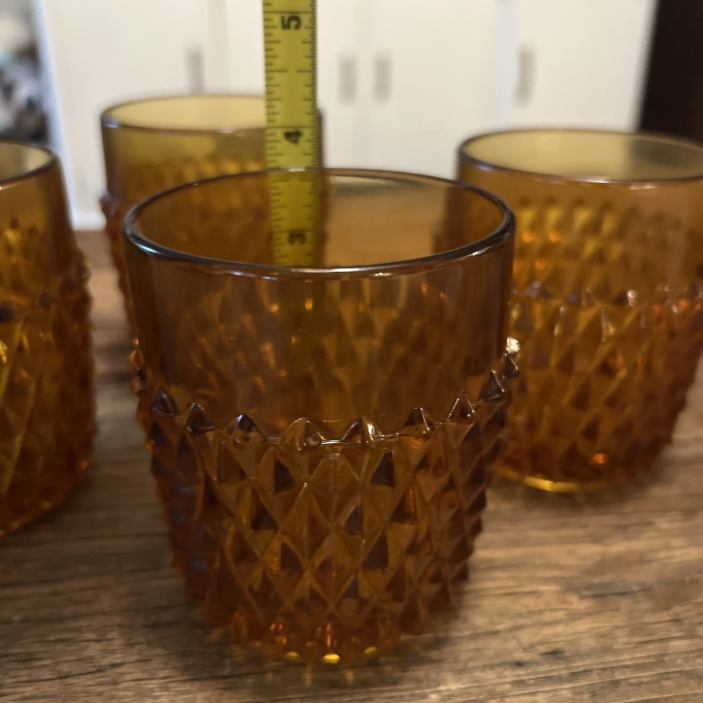 Vintage Indiana Glass Diamond Point Fkat Amber Tumblers, Set Of‎ 4, 3.5" Tall - Picture 5 of 6